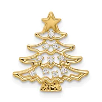 A gold-toned Christmas tree brooch with a star on top and cubic zirconia stones arranged in a decorative pattern on four tiered branches.