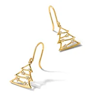 Pair of gold Christmas tree earrings with cubic zirconia accents on hook wires, shown from two angles.