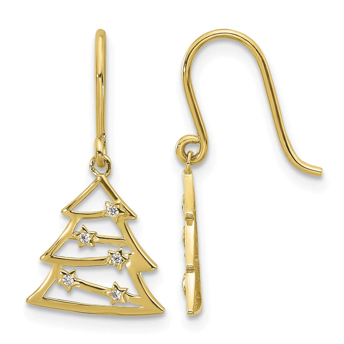 Pair of gold Christmas tree drop earrings with diamond accents and curved ear wires, shown from front and back views.