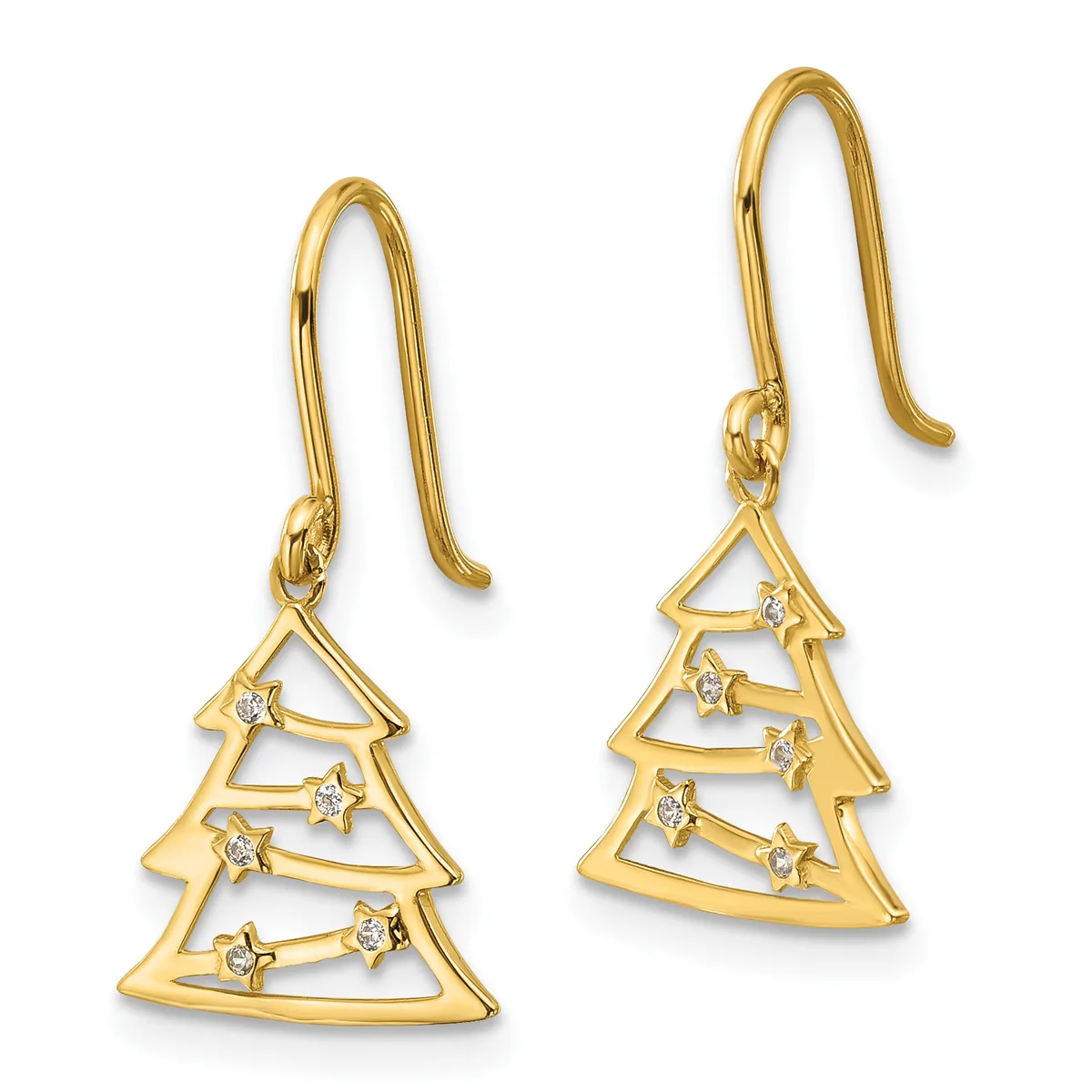 Pair of gold-toned Christmas tree earrings with diamond accents and hook-style ear wires, shown from the front.