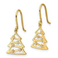Pair of gold-toned Christmas tree earrings with diamond accents and hook-style ear wires, shown from the front.