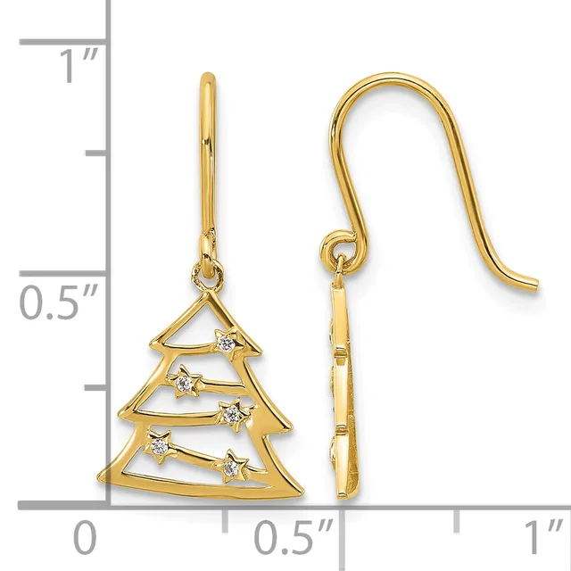 A pair of gold Christmas tree earrings with diamond accents on French wires, shown against a ruler measuring approximately one inch long.