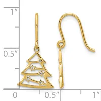 A pair of gold Christmas tree earrings with diamond accents on French wires, shown against a ruler measuring approximately one inch long.