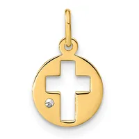 Gold-toned circular pendant with a cutout cross design and a small diamond accent, suspended from a matching bail.