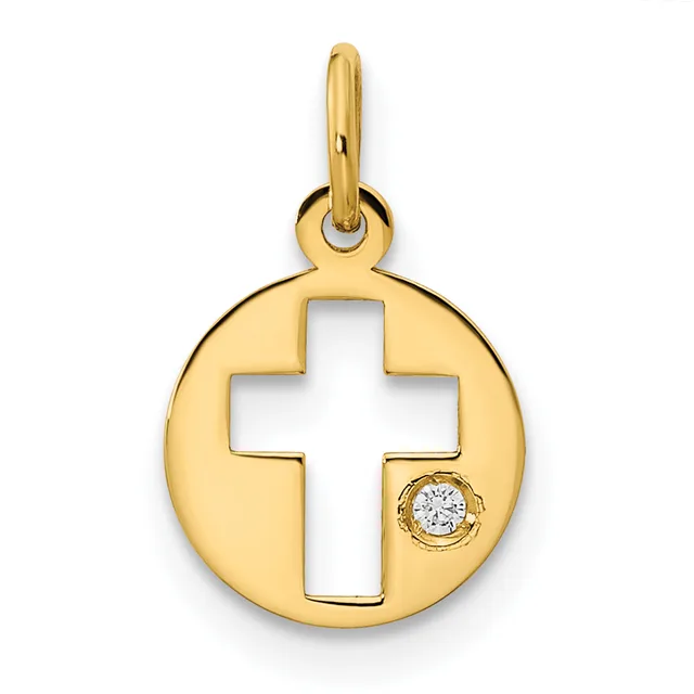 Gold circular pendant with cutout cross and small diamond accent, suspended from a gold bail.