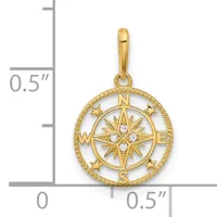 Gold compass rose pendant with diamond accents shown against a measurement scale indicating approximately 0.5 inches in width.