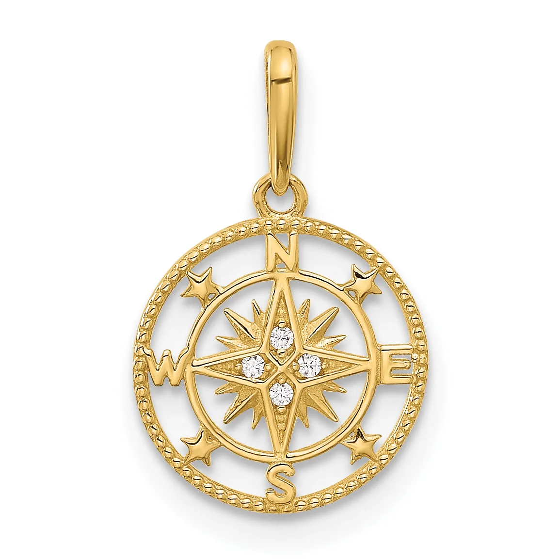 Gold compass rose pendant with cardinal directions marked N, S, E, W, surrounded by a circular rope-textured border and small stars, featuring white stone accents in the center.