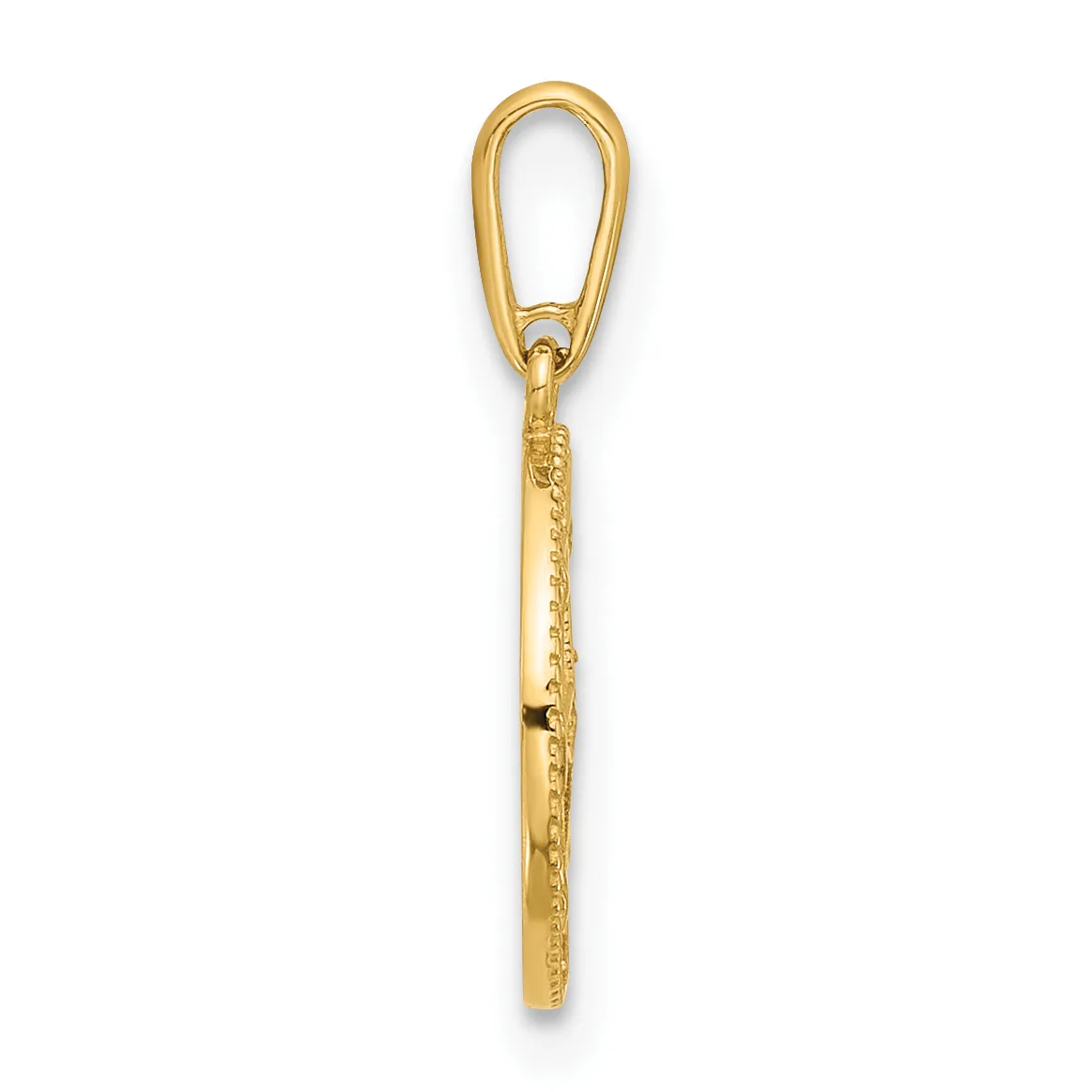 A gold-toned elongated pendant with a looped bail at the top and a textured cylindrical shaft with a small hallmark stamped near the bottom.