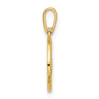 A gold-toned elongated pendant with a looped bail at the top and a textured cylindrical shaft with a small hallmark stamped near the bottom.