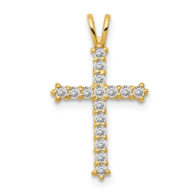 A gold cross pendant studded with round white diamonds arranged in a vertical line down the center and across the horizontal bar, suspended from a gold bail.