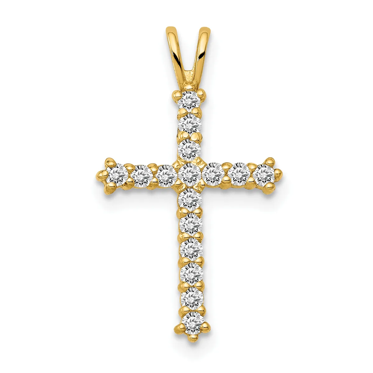 A gold cross pendant studded with round white diamonds arranged in a vertical line down the center and across the horizontal bar, suspended from a gold bail.