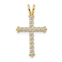 A gold cross pendant studded with round white diamonds arranged in a vertical line down the center and across the horizontal bar, suspended from a gold bail.