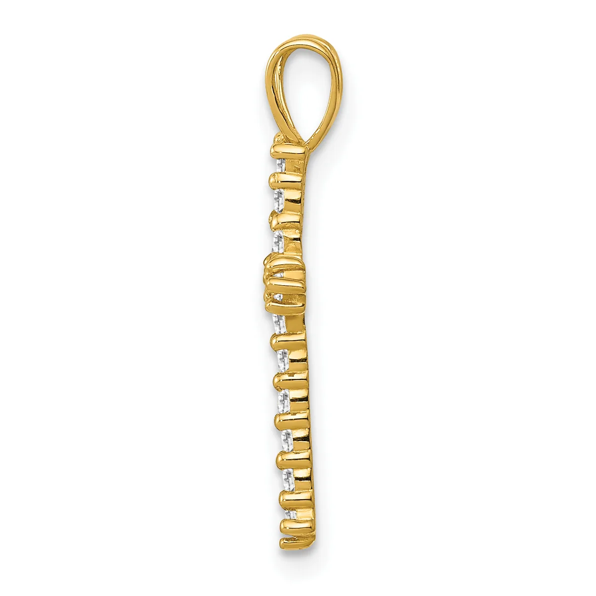 Gold pendant with rectangular baguette-cut diamonds set vertically along the length, topped with a loop bail.