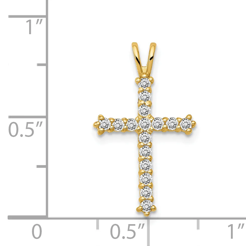 Gold cross pendant with round cubic zirconia stones set throughout, shown next to a ruler indicating approximately one inch in height.