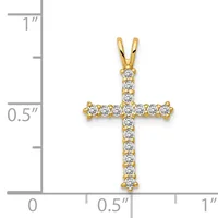 Gold cross pendant with round cubic zirconia stones set throughout, shown next to a ruler indicating approximately one inch in height.