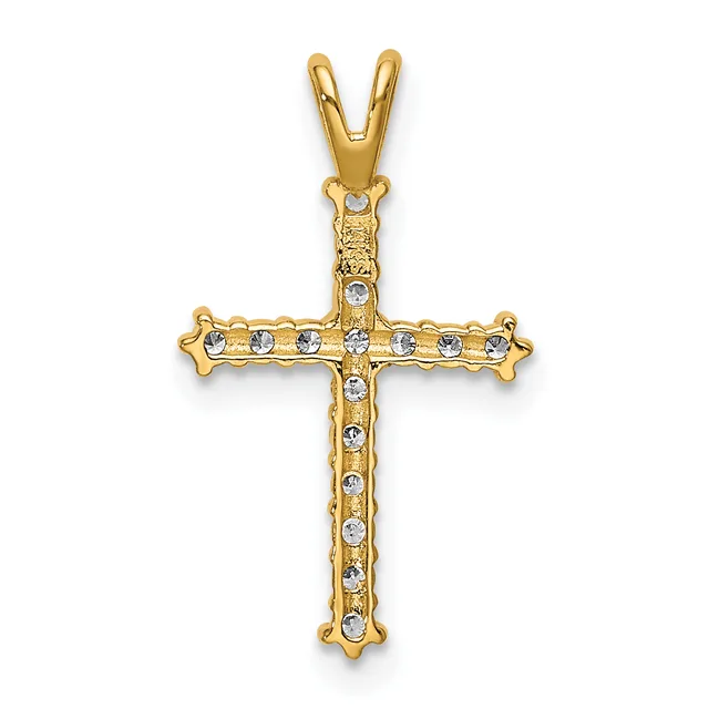 Gold cross pendant with small round diamonds set throughout the vertical and horizontal arms, featuring decorative floral or beaded detailing at the corners and a V-shaped bail at the top.