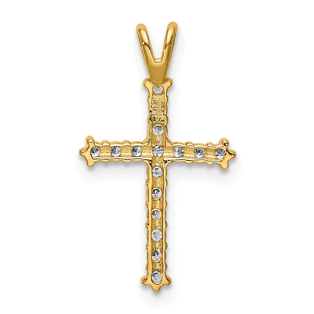 Gold cross pendant with small round diamonds set throughout the vertical and horizontal arms, featuring decorative floral or beaded detailing at the corners and a V-shaped bail at the top.