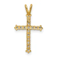 Gold cross pendant with small round diamonds set throughout the vertical and horizontal arms, featuring decorative floral or beaded detailing at the corners and a V-shaped bail at the top.