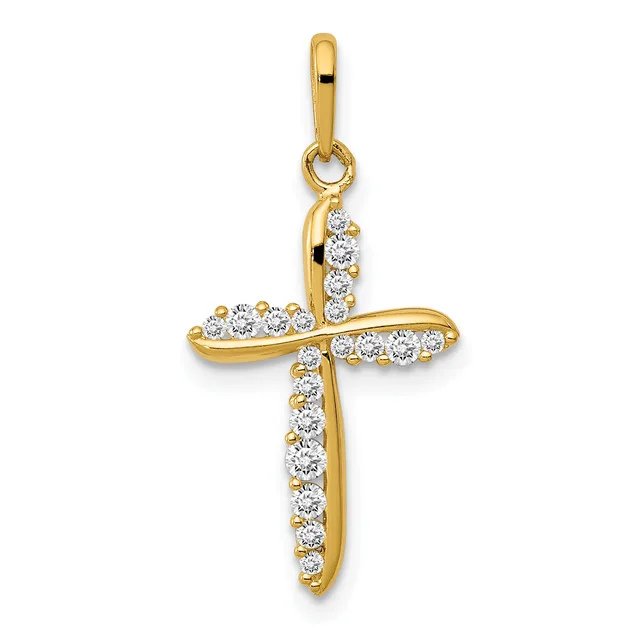Gold cross pendant with diamond or cubic zirconia stones set along all four arms, shown hanging from a gold bail against a white background.