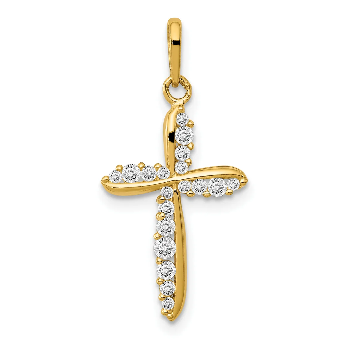 Gold cross pendant with diamond or cubic zirconia stones set along all four arms, shown hanging from a gold bail against a white background.