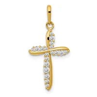 Gold cross pendant with diamond or cubic zirconia stones set along all four arms, shown hanging from a gold bail against a white background.