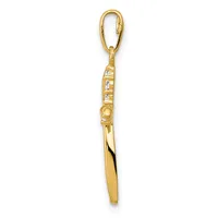 Gold-toned metal charm pendant featuring a polished teardrop-shaped stone at the bottom and decorative textured band in the upper section, suspended from a carabiner-style loop.