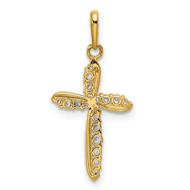 Gold cross pendant with round white gemstones set along all four arms, suspended from a gold bail.