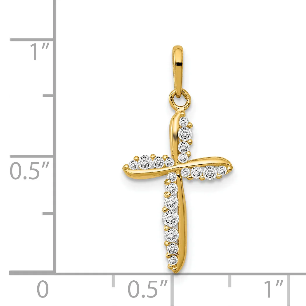 A gold cross pendant with round diamond accents arranged along each arm, displayed against a measurement scale showing it is approximately one inch tall.