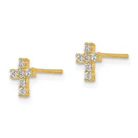 A pair of gold cross stud earrings set with round cubic zirconia stones arranged in a vertical pattern, shown from the front.
