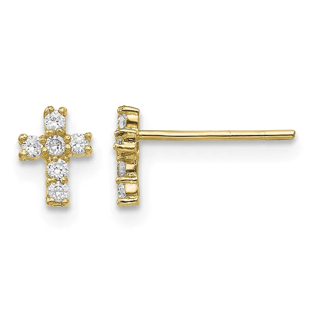 Pair of gold cross stud earrings set with round cubic zirconia stones, shown from front and side views.