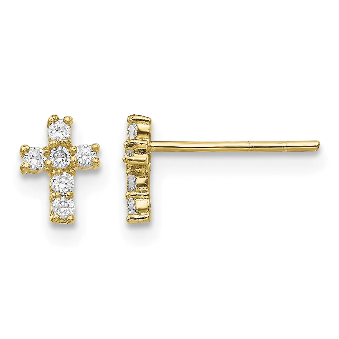 Pair of gold cross stud earrings set with round cubic zirconia stones, shown from front and side views.