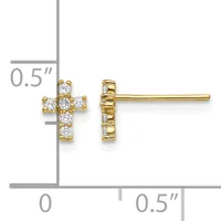 Gold cross stud earrings with round cubic zirconia stones arranged in a decorative pattern, shown front and back view with measurement scale indicating approximately 0.5 inch height.