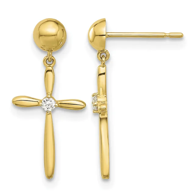 Pair of gold dangle earrings featuring a ball stud top with a cross pendant below, the cross adorned with a small round diamond at its center, shown from front and back views.