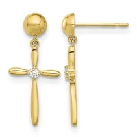 Pair of gold dangle earrings featuring a ball stud top with a cross pendant below, the cross adorned with a small round diamond at its center, shown from front and back views.