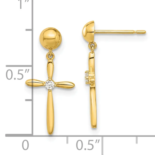 Pair of gold dangle earrings featuring a polished sphere top with a cross pendant below set with a small round cubic zirconia, shown front and side view against a measurement scale.
