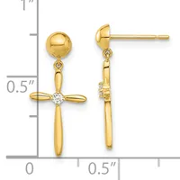 Pair of gold dangle earrings featuring a polished sphere top with a cross pendant below set with a small round cubic zirconia, shown front and side view against a measurement scale.