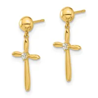 Pair of gold dangle earrings with ball studs, each featuring a cross pendant with a diamond accent at the center.