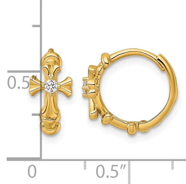 Gold cross hoop earrings with center diamond stones, shown from front and side views with a measurement scale indicating approximately 0.5 inches in diameter.