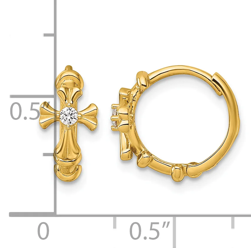 Gold cross hoop earrings with center diamond stones, shown from front and side views with a measurement scale indicating approximately 0.5 inches in diameter.