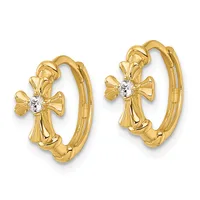 Pair of gold hoop earrings with cross charms featuring white stone centers, shown against a white background.