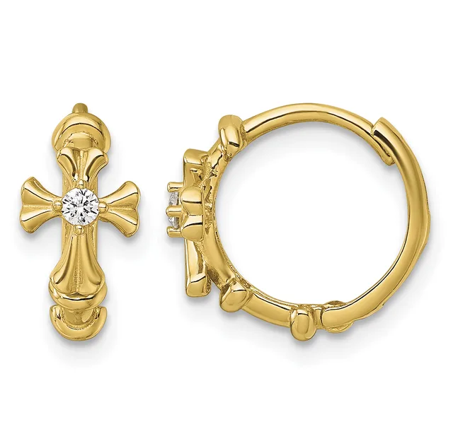 Gold cross and hoop earrings with a diamond center stone, shown as a pair with hinged backs.