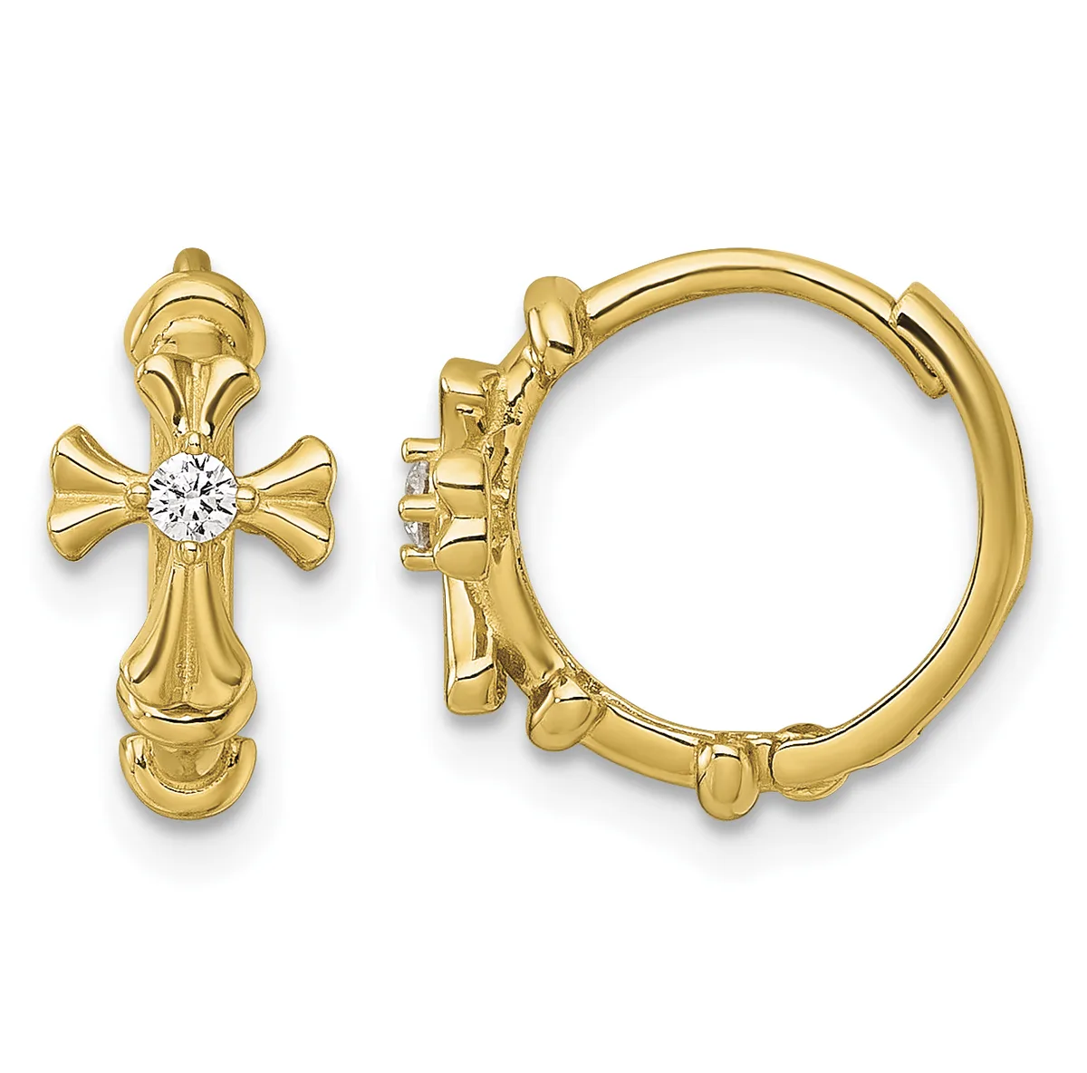 Gold cross and hoop earrings with a diamond center stone, shown as a pair with hinged backs.