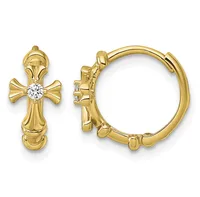 Gold cross and hoop earrings with a diamond center stone, shown as a pair with hinged backs.