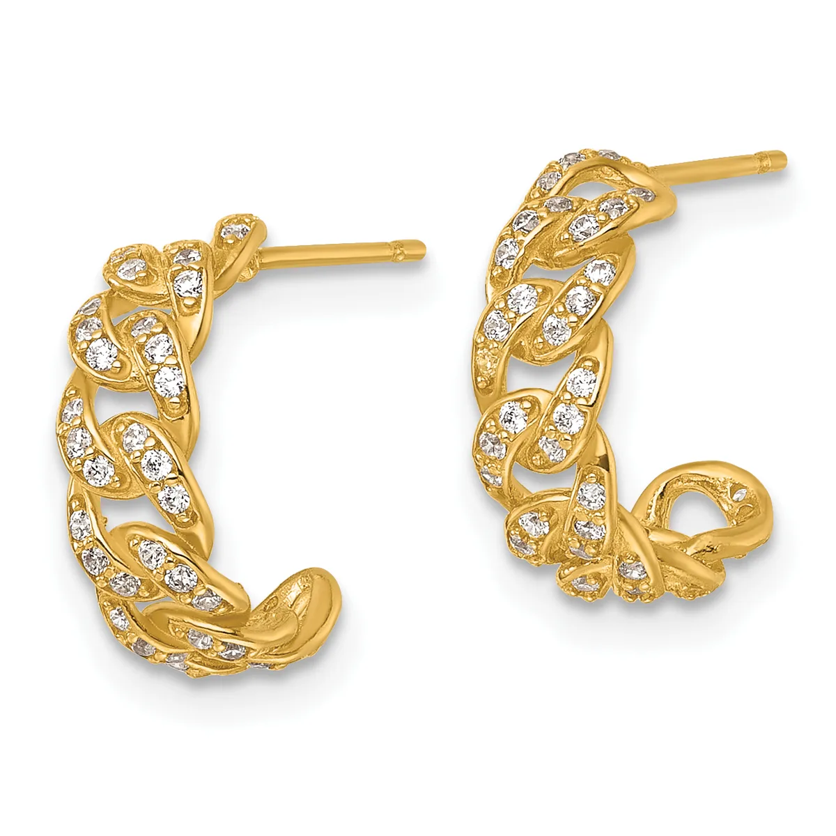 Pair of gold-toned hoop earrings with cubic zirconia stones set in a twisted chain link pattern, shown from the front against a white background.