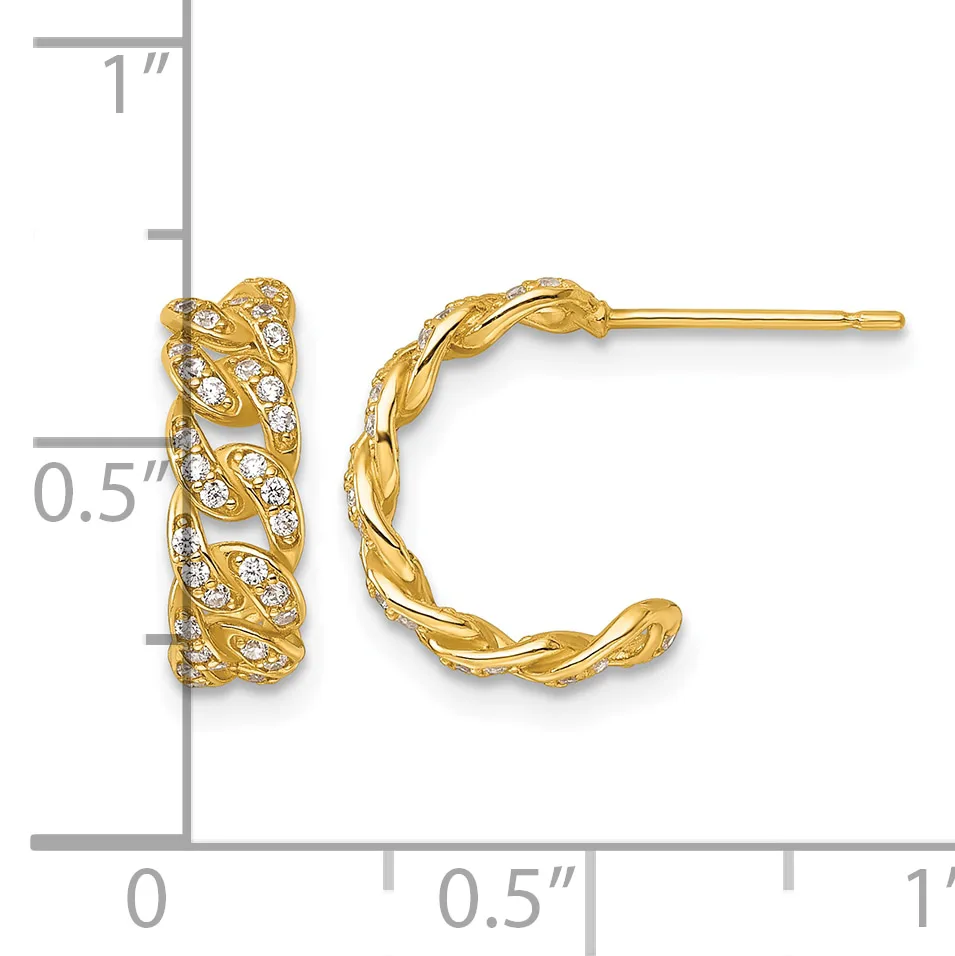 Gold hoop earrings with twisted rope texture and diamond accents, displayed next to a measurement scale showing approximately half-inch diameter.