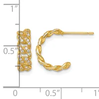 Gold hoop earrings with twisted rope texture and diamond accents, displayed next to a measurement scale showing approximately half-inch diameter.