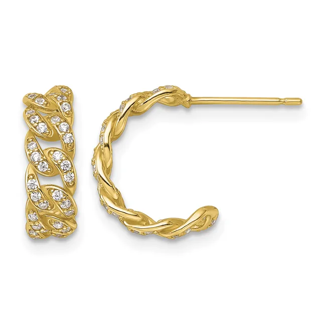 Pair of gold hoop earrings with twisted design and diamond accents throughout, shown from the front.