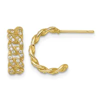 Pair of gold hoop earrings with twisted design and diamond accents throughout, shown from the front.