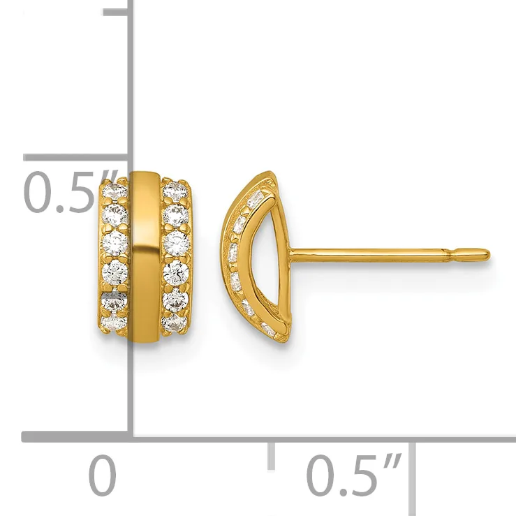 Gold stud earrings with curved rectangular faces set with round diamonds, shown from front and side view against a measurement scale.