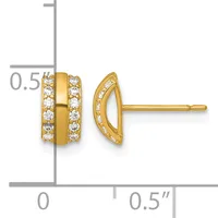 Gold stud earrings with curved rectangular faces set with round diamonds, shown from front and side view against a measurement scale.
